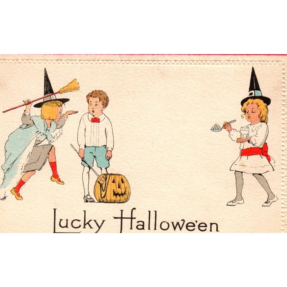 Halloween Postcard Children Girls Witch Hat JOL Pumpkin Broom Nash 8A Unposted